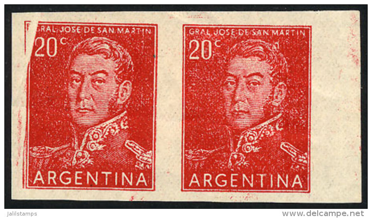 GJ.1035P, 20c. San Martín, IMPERFORATE PAIR, With A Notable Paper Fold In The Left Stamp, With 2 Creases... - Other & Unclassified