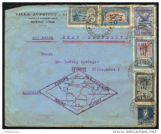 GJ.660/664, 1930 Zeppelin, Cmpl. Set Of 5 Values With Blue Overprint Used On A Cover Flown By Zeppelin To Austria,... - Airmail