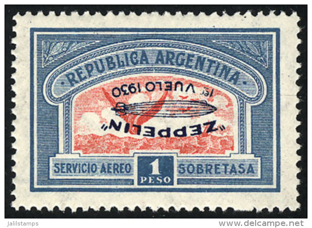 GJ.662c, 1930 1P. Zeppelin With INVERTED Blue Overprint, Very Lightly Hinged, Very Fresh, Excellent Quality! - Airmail