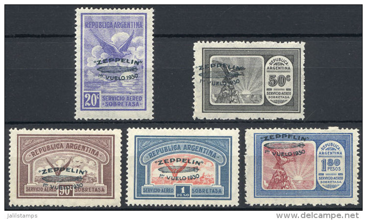 GJ.665/669, 1930 Zeppelin, Cmpl. Set Of 5 Values With GREEN Overprint, Mint Very Lightly Hinged, Excellent Quality.... - Airmail