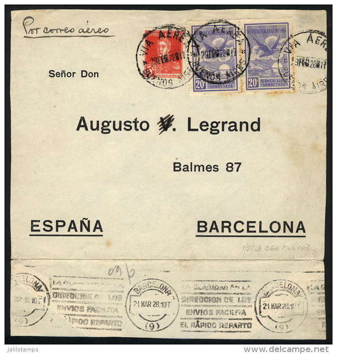 Front (and Part Of Back) Of An Airmail Cover Sent From Buenos Aires To Barcelona On 29/FE/1928, Carried On The... - Other & Unclassified