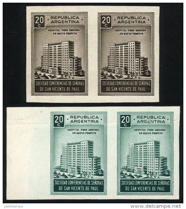 2 Pairs Of Unissued ESSAYS For A Stamp Commemorating The Hospital For Workers In Nueva Pompeya, In Dark Chestnut... - Other & Unclassified