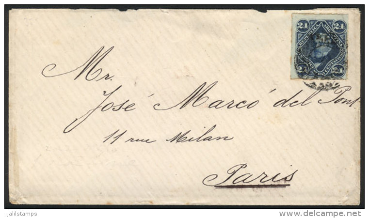 GJ.52, San Martín 24c. Rouletted, Franking ALONE A Cover Sent From Buenos Aires To Paris In JUL/1882, VF... - Other & Unclassified