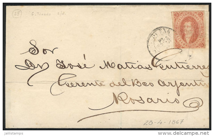GJ.27, 6th Printing Imperforate, Dun-red, Franking A Folded Cover Sent From Buenos Aires To Rosario On 23/AP/1867,... - Covers & Documents