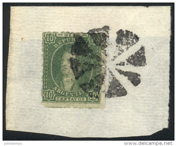 GJ.23, 10c. Worn Impression, On Fragment With Mute Cancel 'circle Of 8 Wedges Without Center', Superb! - Used Stamps