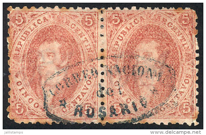 GJ.19, 1st Or 2nd Printing, Horizontal PAIR With Complete Cancel Of Rosario (blue Ellipse), Light Stain Spots Of No... - Used Stamps