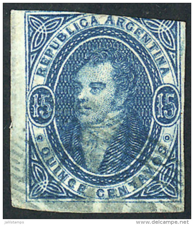 GJ.18, 15c. Blue From 1st Printing Imperf, Used With Blue OM Cancel, Very Clear Impression, With 3 Large To Immense... - Used Stamps