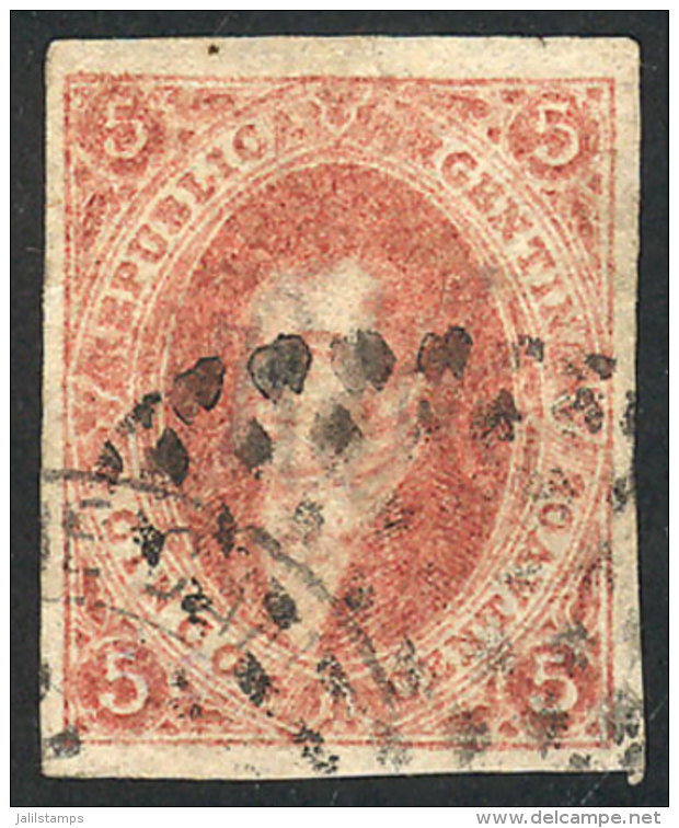 GJ.15, 1st Printing Imperf, 5c. Worn Impression, Very Wide Margins, With DOUBLE CANCELLATION: Dotted Buenos Aires +... - Used Stamps