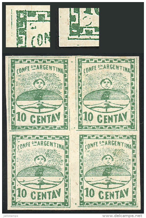 GJ.5A, 10c. Large Figures, Dark Green, Handsome Block Of 4, The Lower Left Stamp With Marks Of The Nails That Held... - Unused Stamps