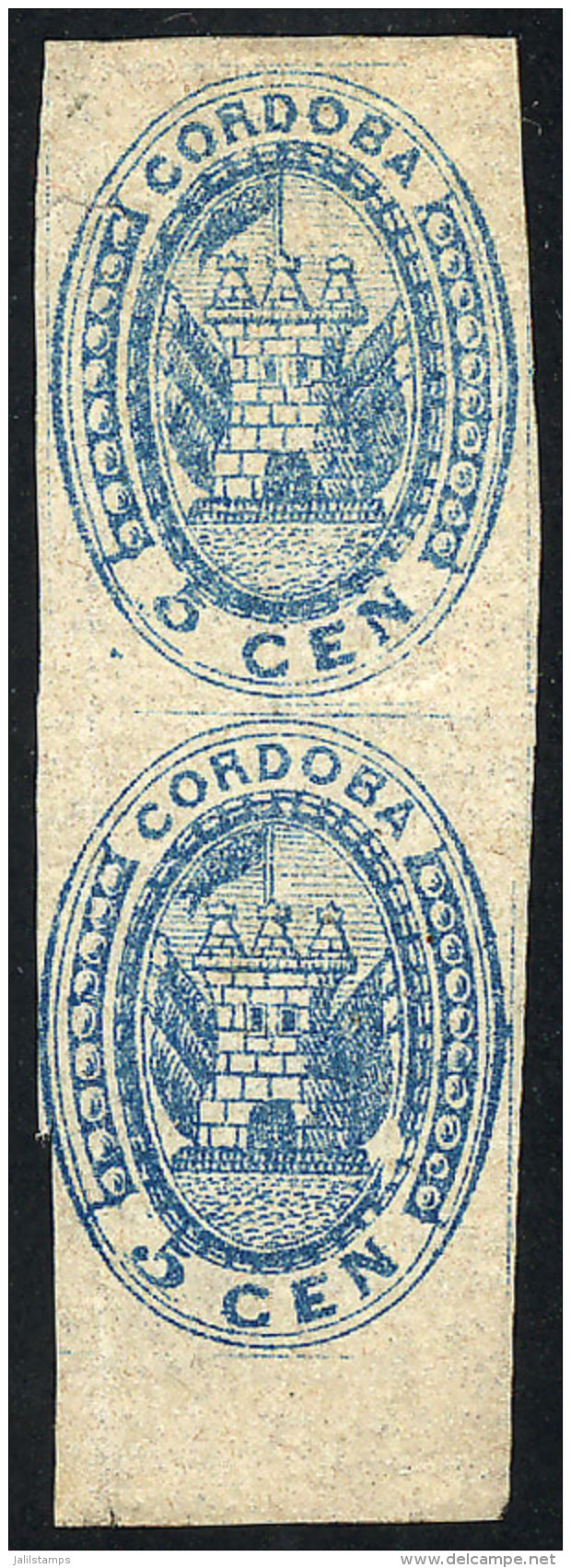 GJ.1, 5c. Blue, Vertical Pair, Very Nice, Catalog Value US$300. - Cordoba (1858-1860)