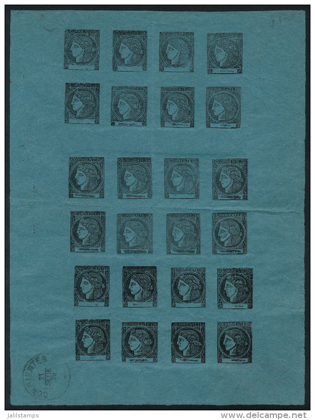 Reprint In Dull Blue, Sheet Of 24 Stamps (3 Groups With The 8 Types), With Corrientes Datestamp For 23/SE/1879,... - Corrientes (1856-1880)