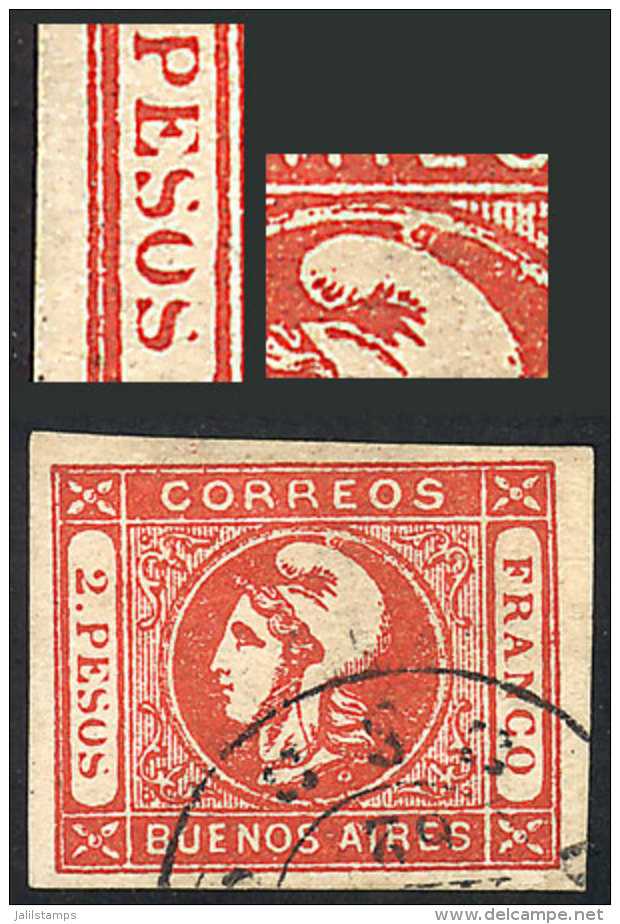 GJ.18, 2P. Red, Dull Impression, With VARIETIES: 3 Last Letters Of 'PESOS' Incomplete At Top And Flaw In The... - Buenos Aires (1858-1864)