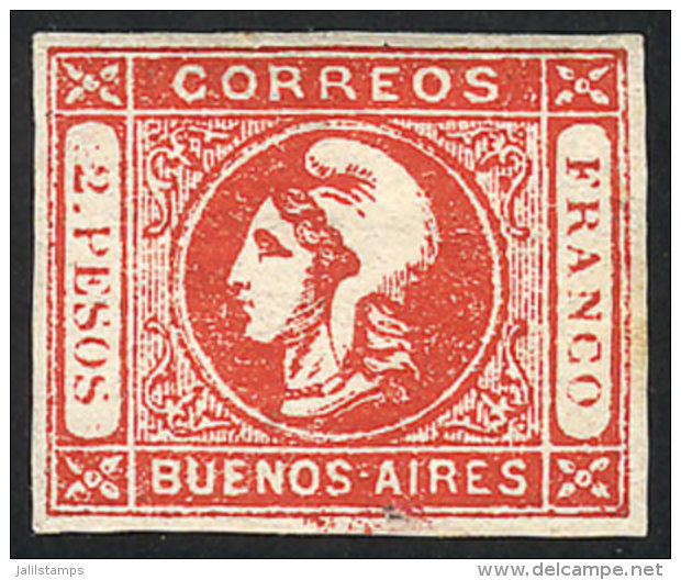 GJ.18, 2P. Red, Semi-clear Impression, Mint Original Gum, 4 Complete Margins, With Tiny Defect Else Excellent,... - Buenos Aires (1858-1864)