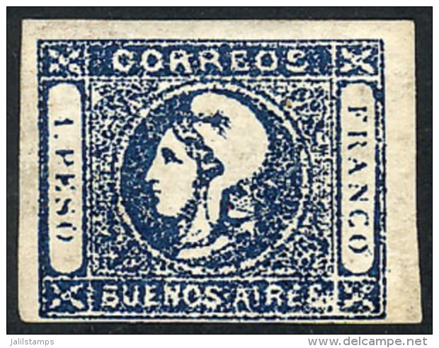 GJ.17A, 1P. Worn Impression, Rare INDIGO BLUE Color, Mint, 4 Complete Margins (3 Immense), Very Fresh And... - Buenos Aires (1858-1864)