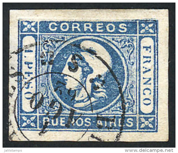 GJ.17, 1P. Blue, Semi-clear Impression, With VARIETY: Top Frame Line OMITTED, Rare And Fantastic, With Tiny Defect... - Buenos Aires (1858-1864)