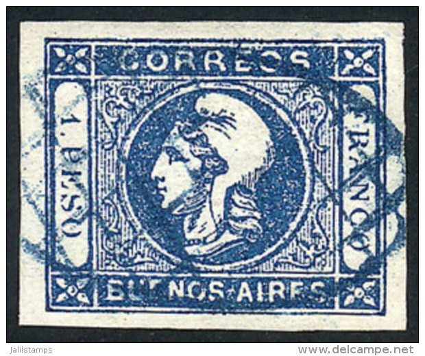 GJ.17, 1P. Blue, Dull Impression, Superb Example With Mute 'grid' Cancel In Blue, Excellent! - Buenos Aires (1858-1864)