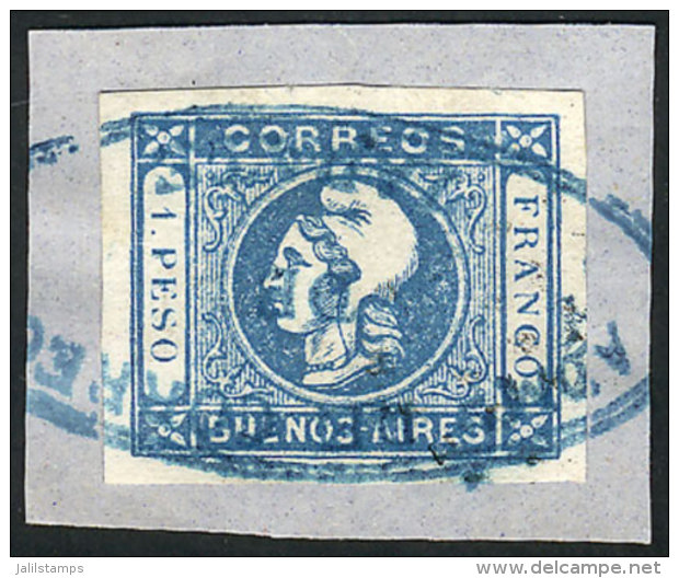 GJ.17, On Fragment With Blue Cancel 'Admon. De Correos De ZARATE', Superb, Extremely Rare! - Buenos Aires (1858-1864)