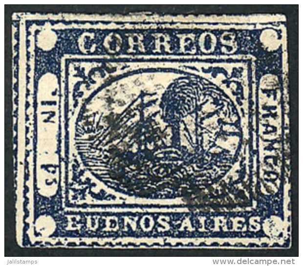 GJ.11A, IN Ps. Dark Blue, Type 23 On The Kneitschel Reconstruction, 4 Margins (one Over The Fillet, One Normal And... - Buenos Aires (1858-1864)