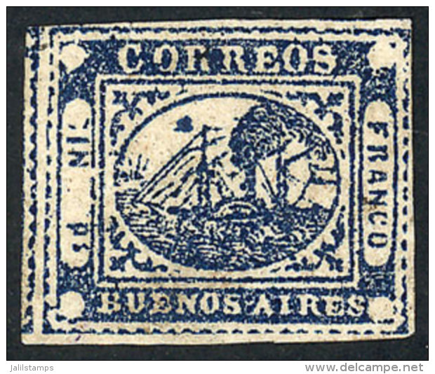 GJ.11, IN Ps. Blue, Type 21 On The Kneitschel Reconstruction, Immense Margins, Very Lightly Cancelled, Beautiful... - Buenos Aires (1858-1864)