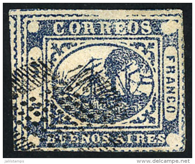 GJ.11, IN Ps. Blue, Fantastic Example With 2 Immense Margins 'stealing' Part Of 3 Neighboring Stamps (it Can Be... - Buenos Aires (1858-1864)