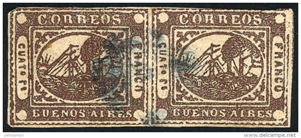 GJ.9, 4Rs. Chestnut, Beautiful Horizontal Pair, Types 38 And 39 On The Kneitschel Reconstruction, With Blue... - Buenos Aires (1858-1864)