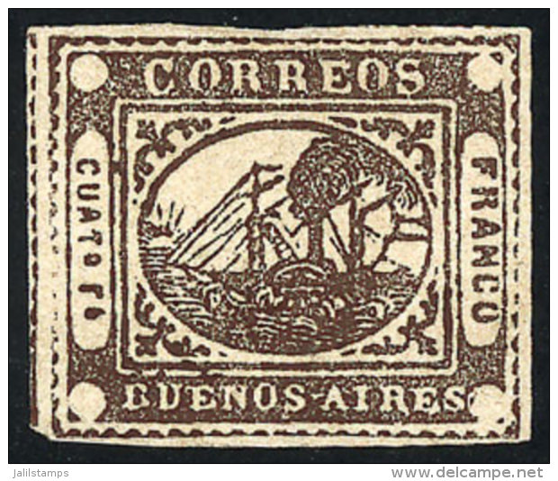 GJ.9, 4Rs. Chestnut, Type 35 On The Kneitschel Reconstruction, Mint, With 4 Immense Margins (with Part Of 2... - Buenos Aires (1858-1864)