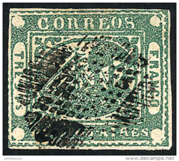 GJ.6, Tres Ps. Green, Type 30 On The Kneitschel Reconstruction, Beautiful Example Of 3 Very Wide Margins, Black... - Buenos Aires (1858-1864)
