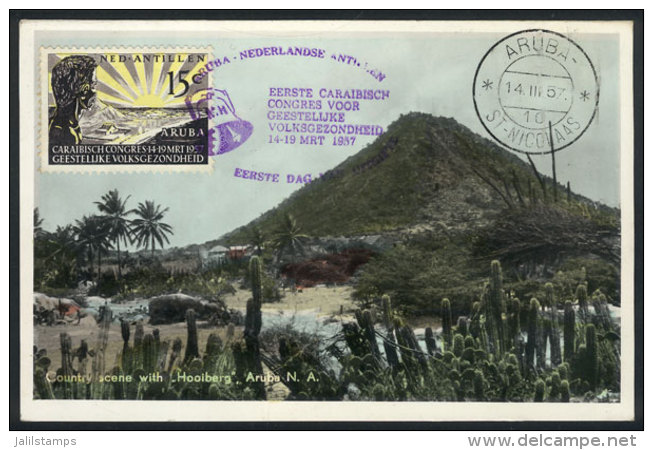 Maximum Card Of 14/MAR/1957: Rural Landscape Of Aruba With Hooiberg, With First Day Postmark, VF Quality - Cape Verde