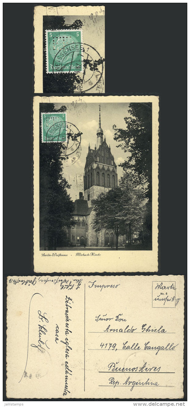 Postcard Sent To Argentina In AP/1937, Franked With 5Pf. With Interesting "EF" Perfin, Rare In Private... - Sonstige & Ohne Zuordnung