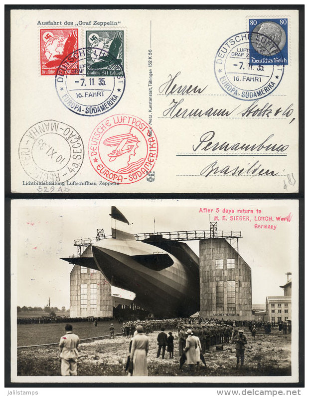 PC With View Of A Zeppelin In A Hangar, Flown By ZEPPELIN To Pernambuco (Brazil) On 7/NO/1935, Excellent Quality! - Andere & Zonder Classificatie