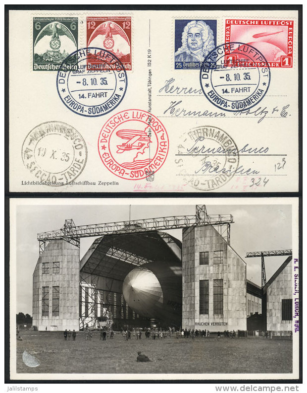 PC With View Of Zeppelin Inside A Hangar, Dispatched Onboard The Airship On 8/OC/1935 To Pernambuco (Brazil), Nice... - Other & Unclassified