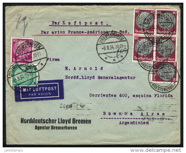 Airmail Cover Sent By Air France From Bremerhaven To Argentina On 9/AU/1934 Franked With 3.45Mk., All The Stamps... - Otros & Sin Clasificación