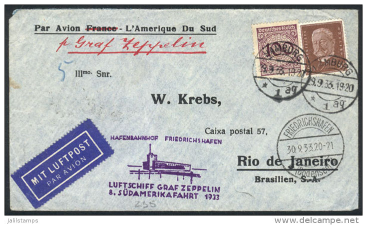 Cover Flown By ZEPPELIN, Sent From Hamburg To Rio De Janeiro On 30/SE/1933, With Friedrichshafen Transit Mark And... - Otros & Sin Clasificación
