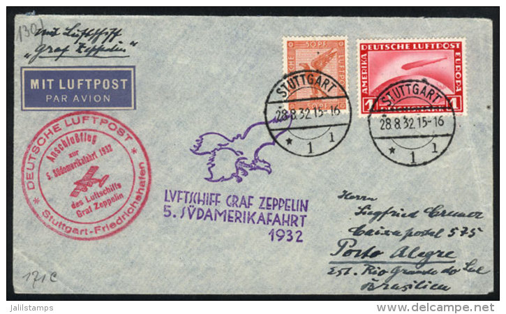 Cover Flown By ZEPPELIN, Sent From Stuttgart To Porto Alegre (Brazil) On 28/AU/1932, Special Markings, VF Quality! - Other & Unclassified