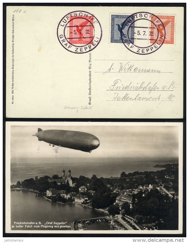 Card With View Of The Zeppelin Flying Over Friedrichshafen, Dispatched Onboard The Airship On 5/JUL/1932, Excellent... - Autres & Non Classés