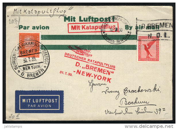 30/JUL/1930 High Seas - New York, Cover Carried On Catapult Flight  Via Ship Bremen, With Special Marks And... - Altri & Non Classificati