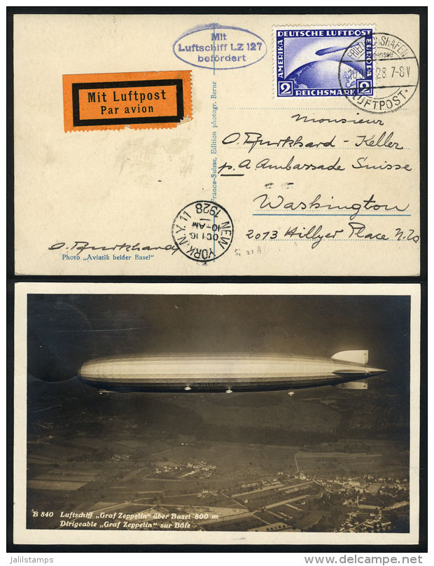 Card With View Of The Zeppelin Flying Over Basel, Sent From Friedrichshafen To Washington On 10/OC/1928 Franked... - Altri & Non Classificati