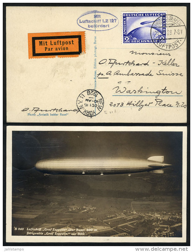 Card With View Of The Zeppelin Flying Over Basel, Sent From Friedrichshafen To Washington On 10/OC/1928 Franked... - Sonstige & Ohne Zuordnung