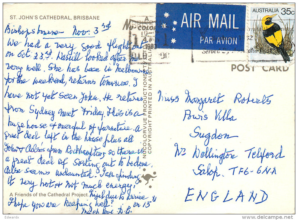 Cathedral, Brisbane, Queensland, Australia Postcard Posted 1980 Stamp - Brisbane