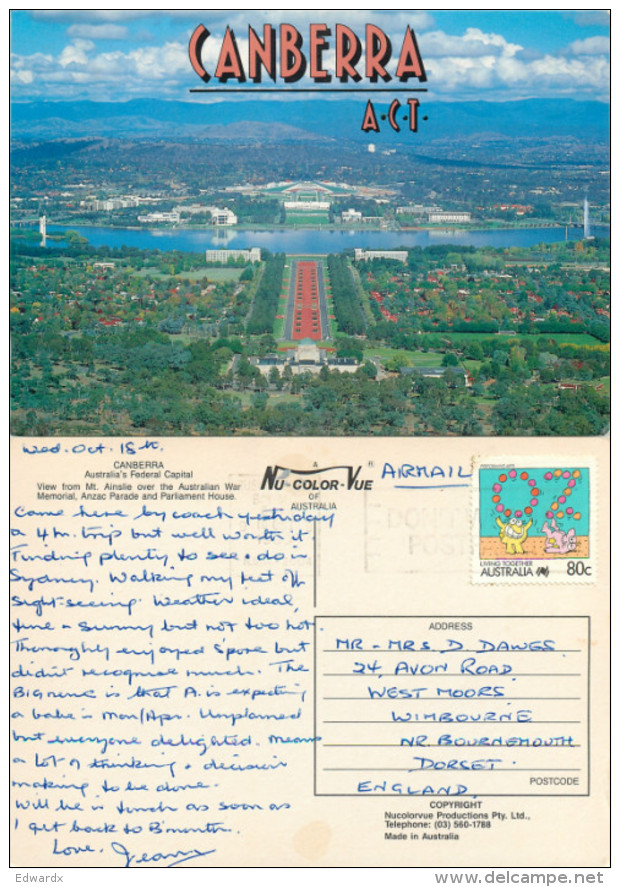 Aerial View, Canberra, ACT, Australia Postcard Posted 1989 Stamp - Canberra (ACT)