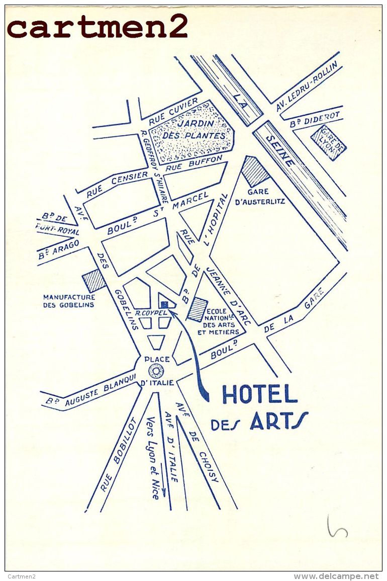 PARIS HOTEL DES ARTS 8 RUE CIYPEL 75013 CARTE PUBLICITAIRE VISITE 75013 GOBELINS - Visiting Cards