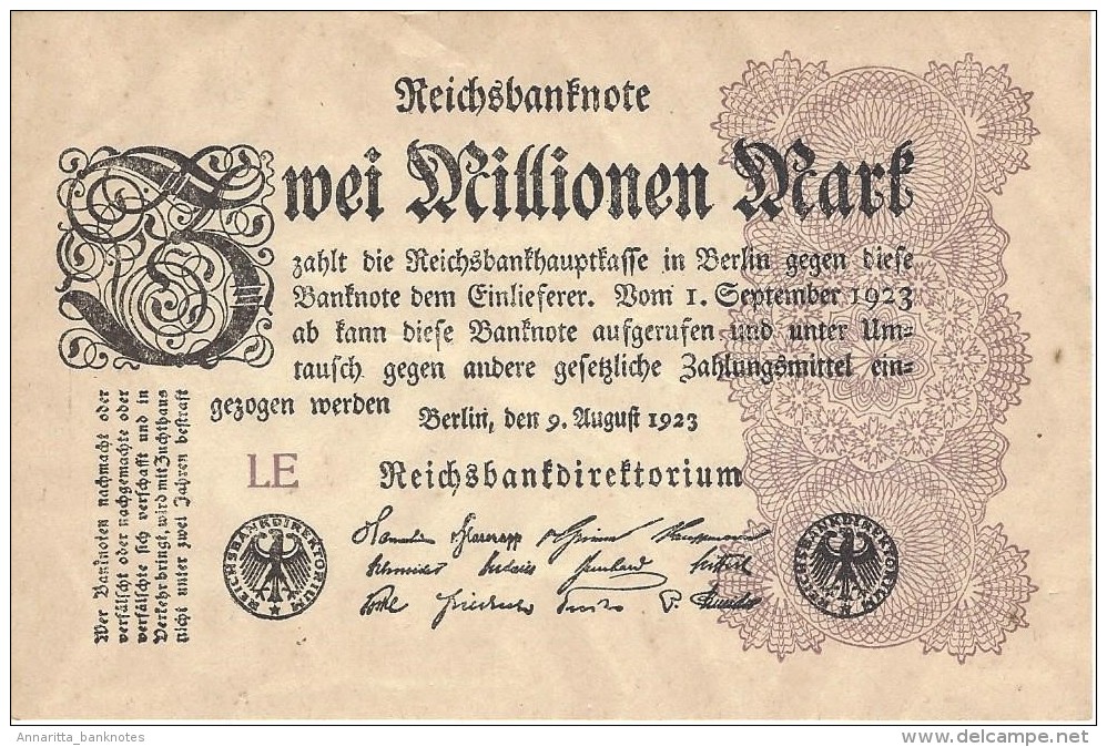 GERMANY 2 MILLION MARK 9.8.1923 P-104a AU/UNC SERIE LE  [ DER104a ] - 2 Mio. Mark