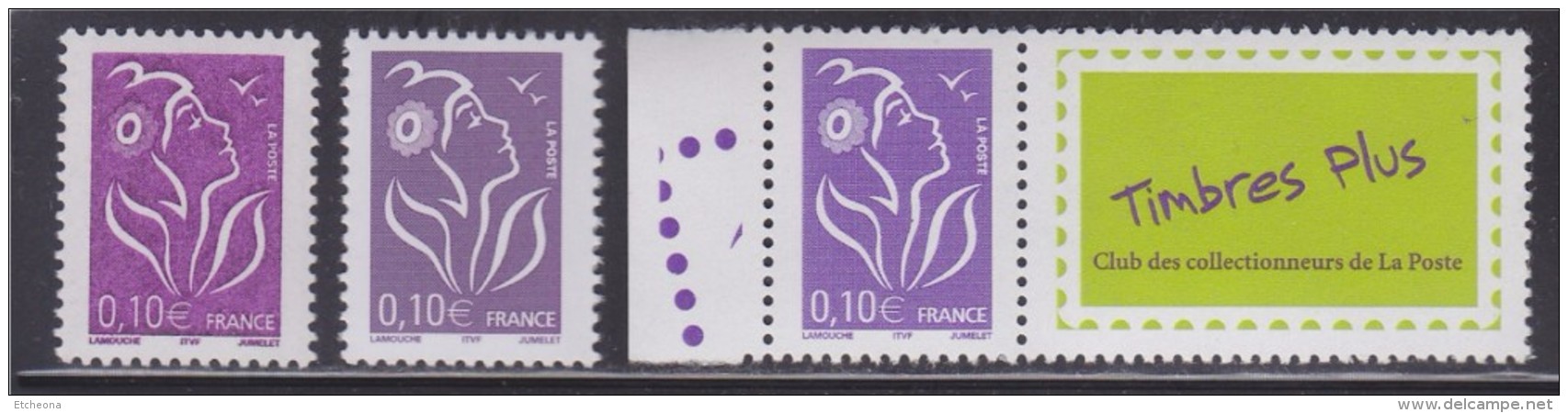 Marianne De Lamouche ITVF 0.10€, Violet Rouge Les 2 Types  3732 Et 3732a, Neufs Gommés Et Le 3916A Personnalisé - 2004-2008 Marianne Of Lamouche