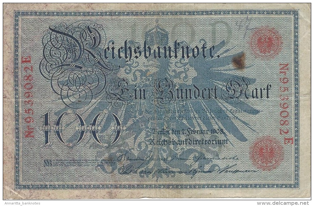 GERMANY 100 MARK 1908 P-33b VG/F S/N 9539082E  [ DER033b ] - 100 Mark