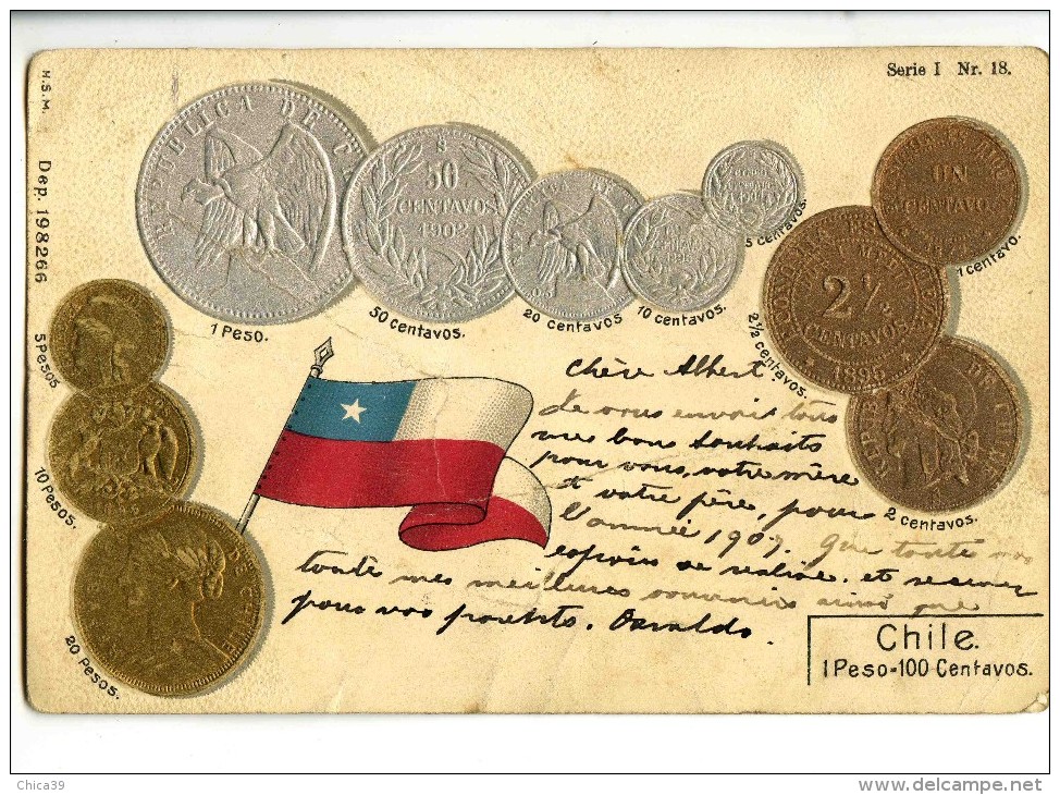 18416   -   Republica De Chile   -   1 Peso - 100 Centavos   -   Monnaies Et Drapeau - Munten (afbeeldingen)
