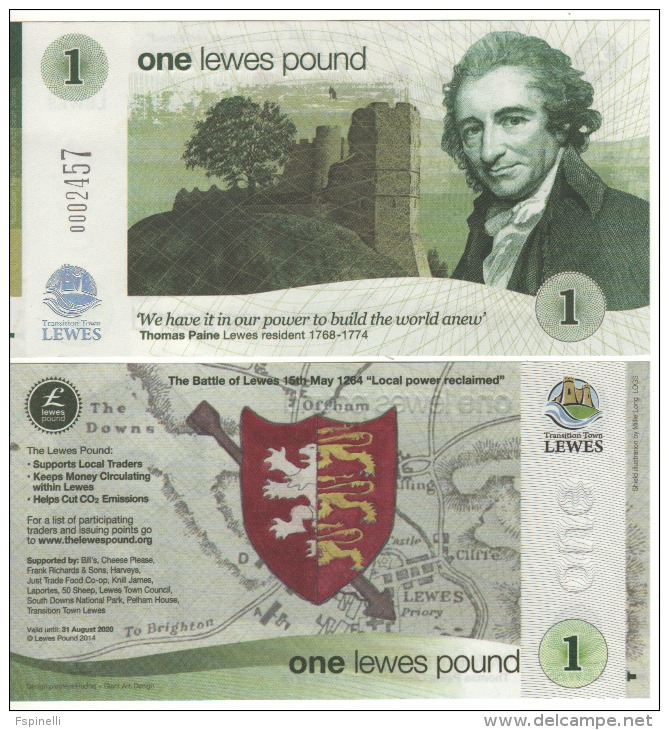 ENGLAND.    £1  " LEWES"  Official Local Currency "  2016    Front  Thomas  Paine Back Battle Of Lewes (1264)    UNC - 1 Pond