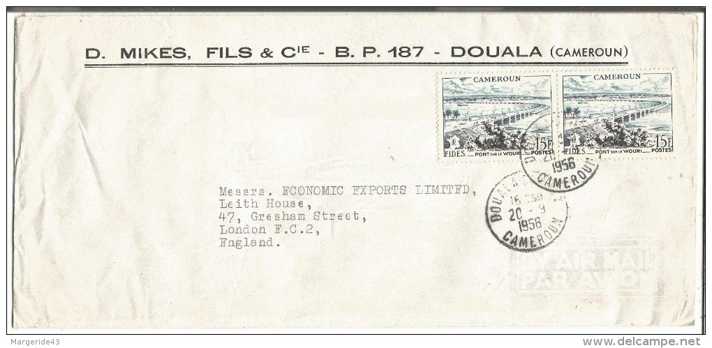 CAMEROUN LETTRE DE DOUALA DEPART POUR LA GRANDE BRETAGNE DU 20/9/1956 - Lettres & Documents