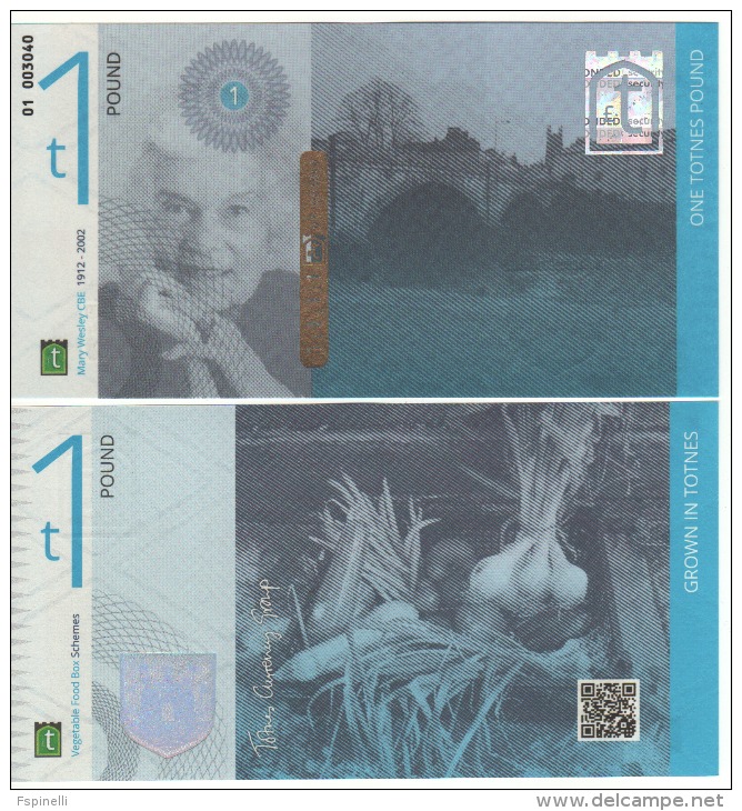 ENGLAND. £1  " TOTNES"  Official Local Currency    Mary Wesley  CBE  UNC - 1 Pound