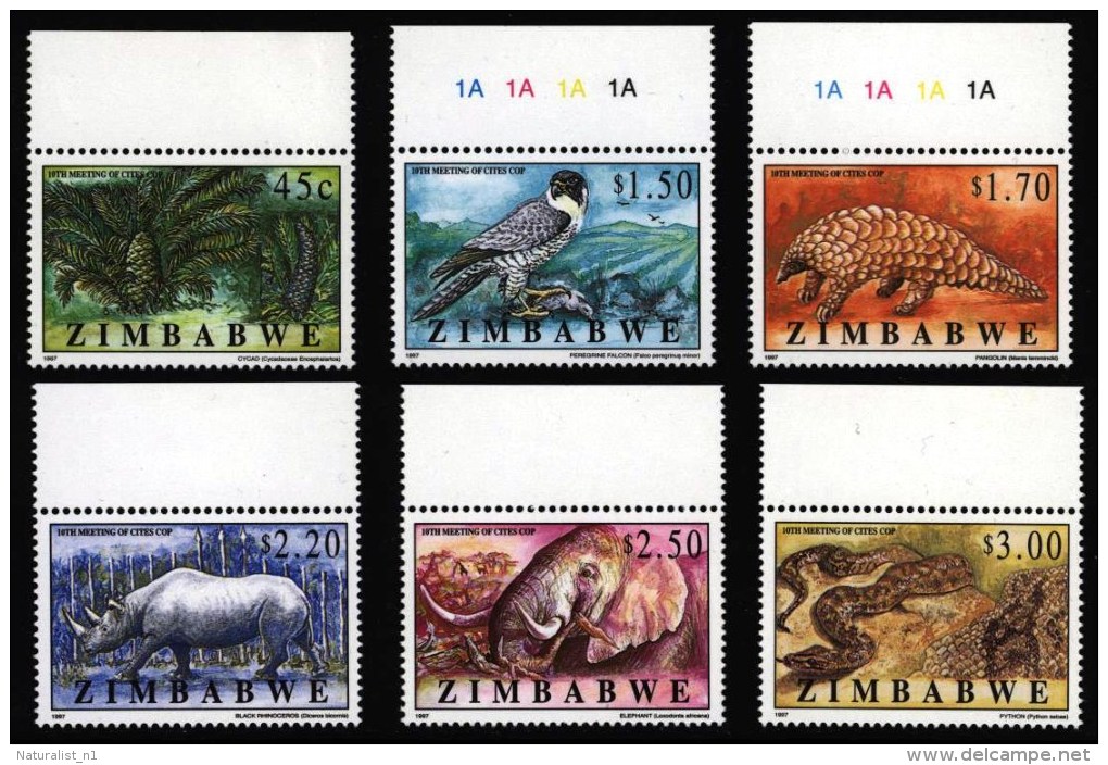 Zimbabwe Simbabwe 1997 ** MNH. CITES Peregrine Pangolin Elephant Rhino Zwergwanderfalke Schuppentier  Elefant Python - Sonstige & Ohne Zuordnung