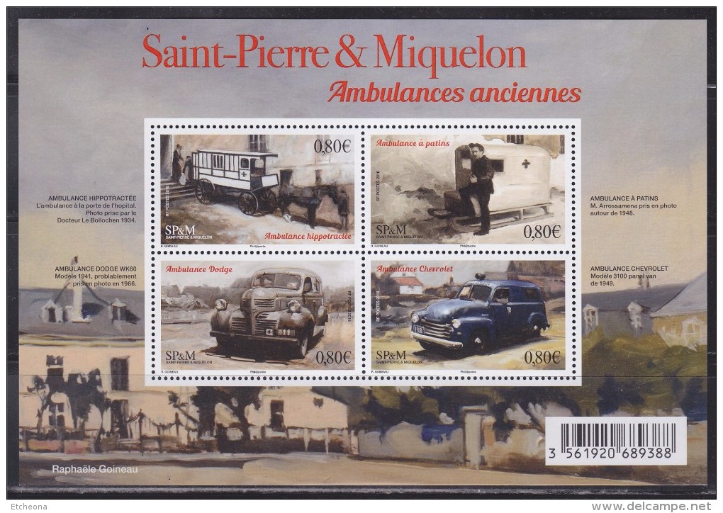 Saint Pierre Et Miquelon F1166 Bloc 4 Timbres Neufs Ambulances Anciennes: Hippotractée, à Patins, Dodge Et Chevrolet - Blocks & Kleinbögen
